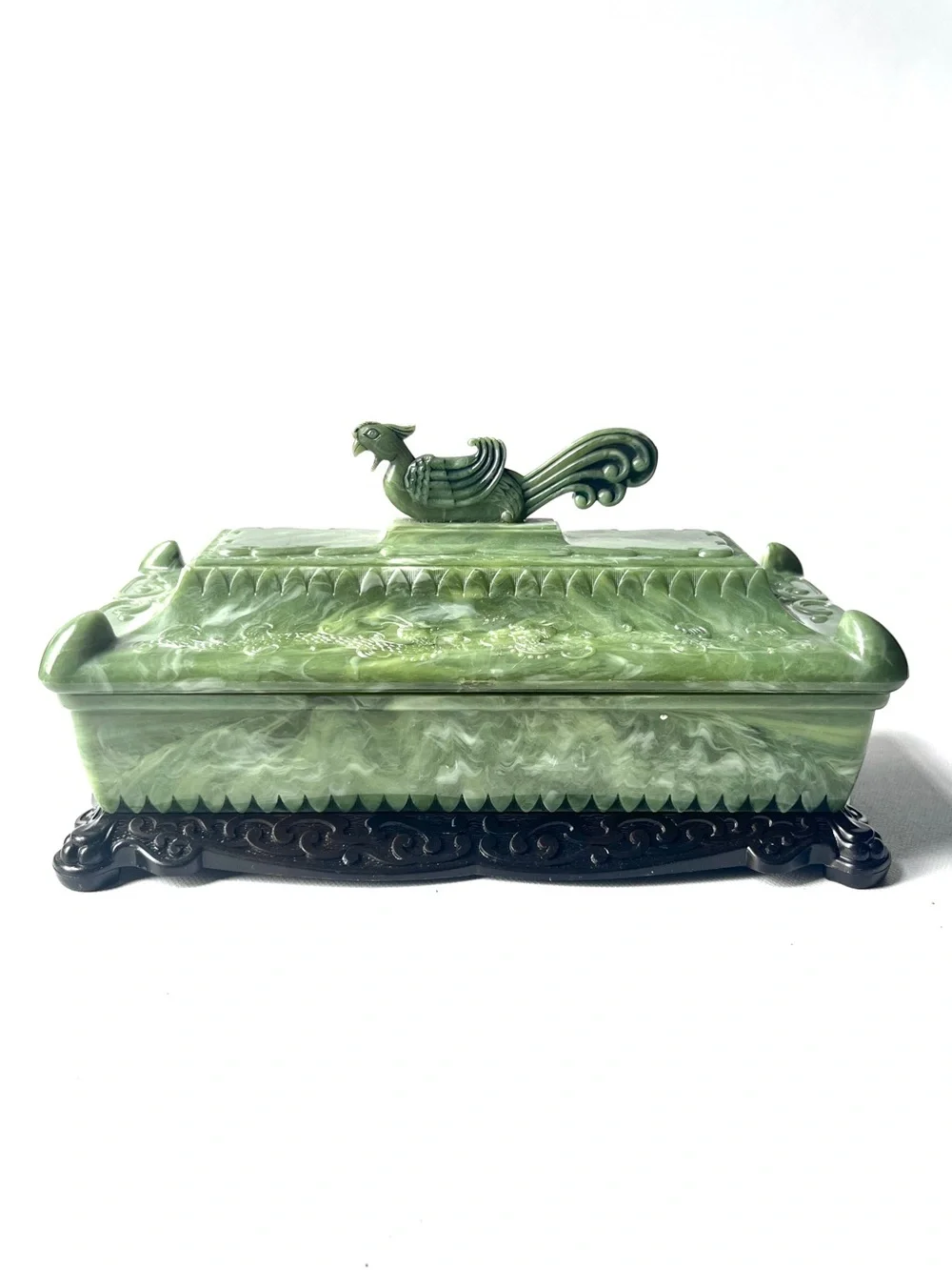 1950’s Chinoiserie Aesthetic Asian Chinese Faux Jade Jewelry Trinket Box,Phoenix